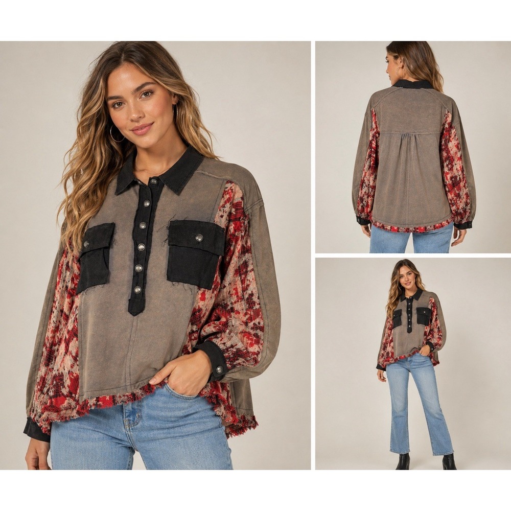 POL Women's Small Boho Plaid Mixed Media Oversized Top Raw Hem Snap Pockets NWOT